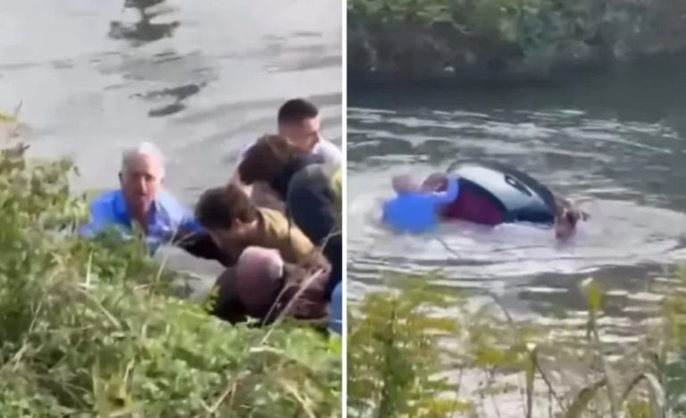 Бизнисмен со автомобил излета во река и почна да тоне, луѓето веднаш скокаат по него: Кружи драматична снимка од спасувањето