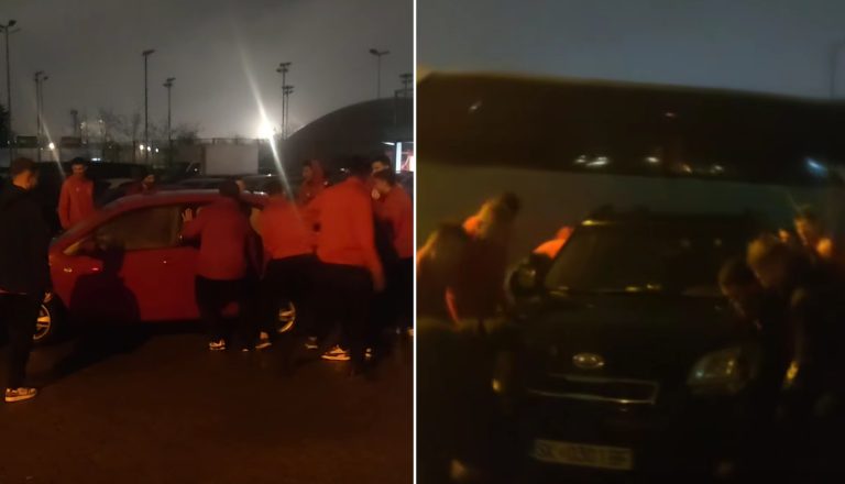 (ВИДЕО) Трагикомедија: Играчите на Тиквеш на раце преместуваа автомобили за да може да си заминат со автобусот од Скопје